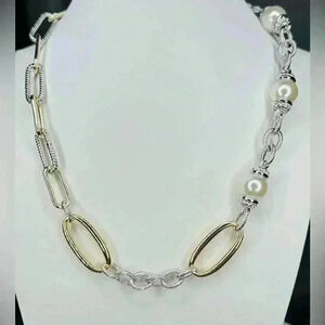 Gold & Pearls On Paper Clip Chain & Toggle Closure